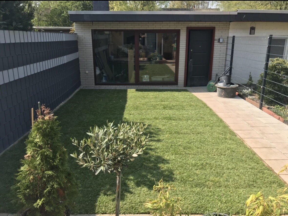 Neu angelegte Rasenfläche vor einem Gartenhaus