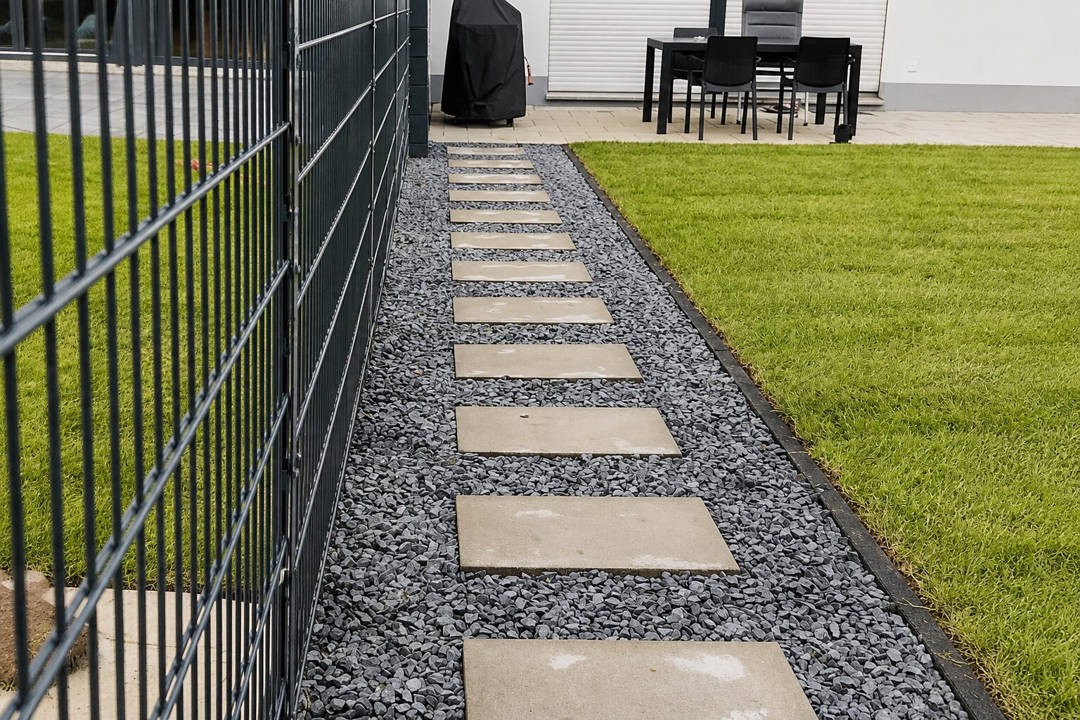 Gartenweg mit Trittplatten in dunklem Ziersplitt